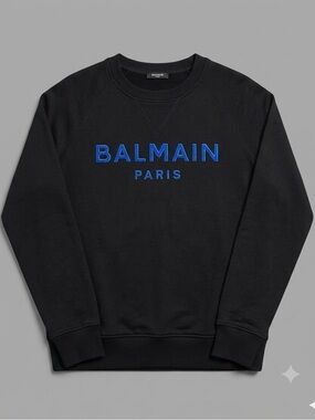 Balmain Black Crewneck Sweatshirt with Bright Blue Logo
